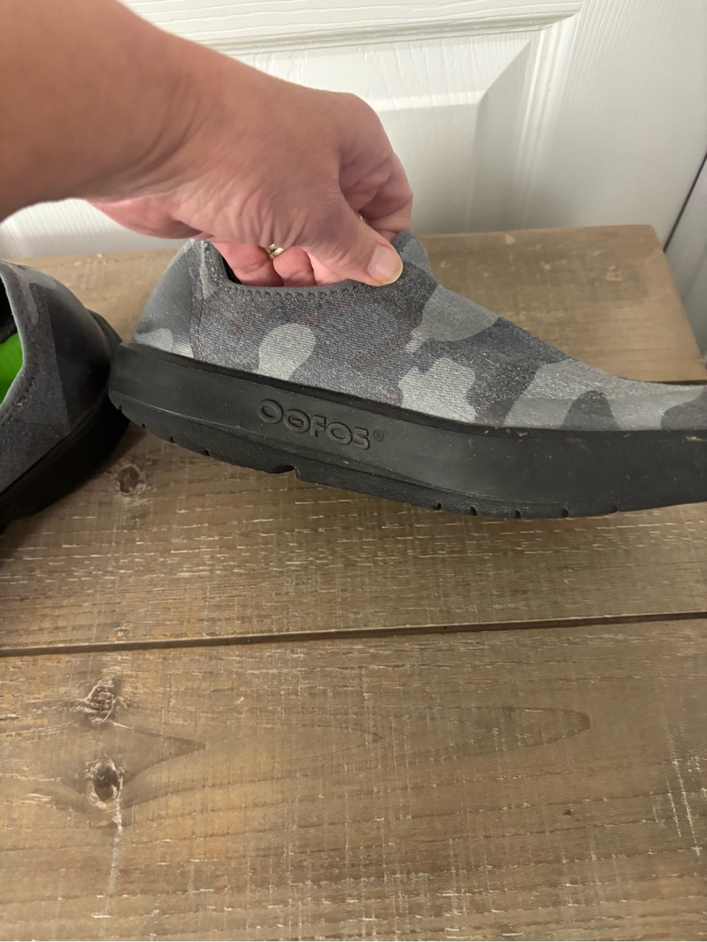 OOFOS Women’s Slip-On Athletic Shoes - Gray Camo with Neon Green Insole - Picture 3 of 7